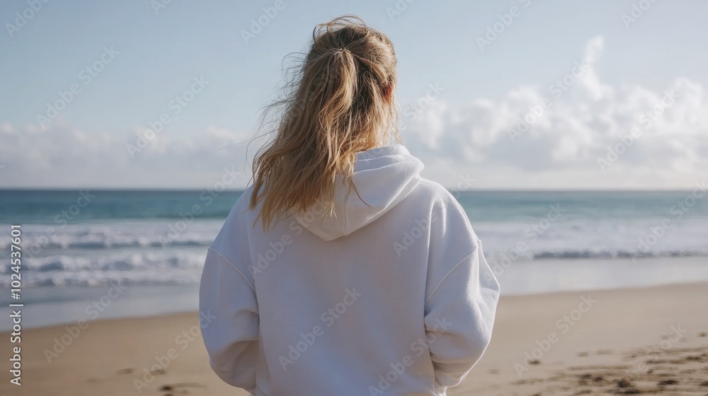 Woman in a white hoodie gazing at the ocean Woman in a white hoodie gazing at the ocean