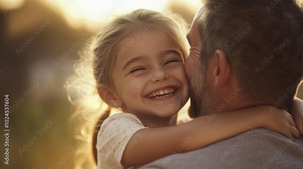 Loving father embracing his happy daughter at sunset Loving father embracing his happy daughter at sunset
