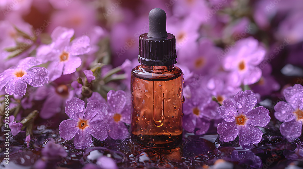 Aromatherapy Oil with Purple Flowers and Dew Drops Aromatherapy Oil with Purple Flowers and Dew Drops