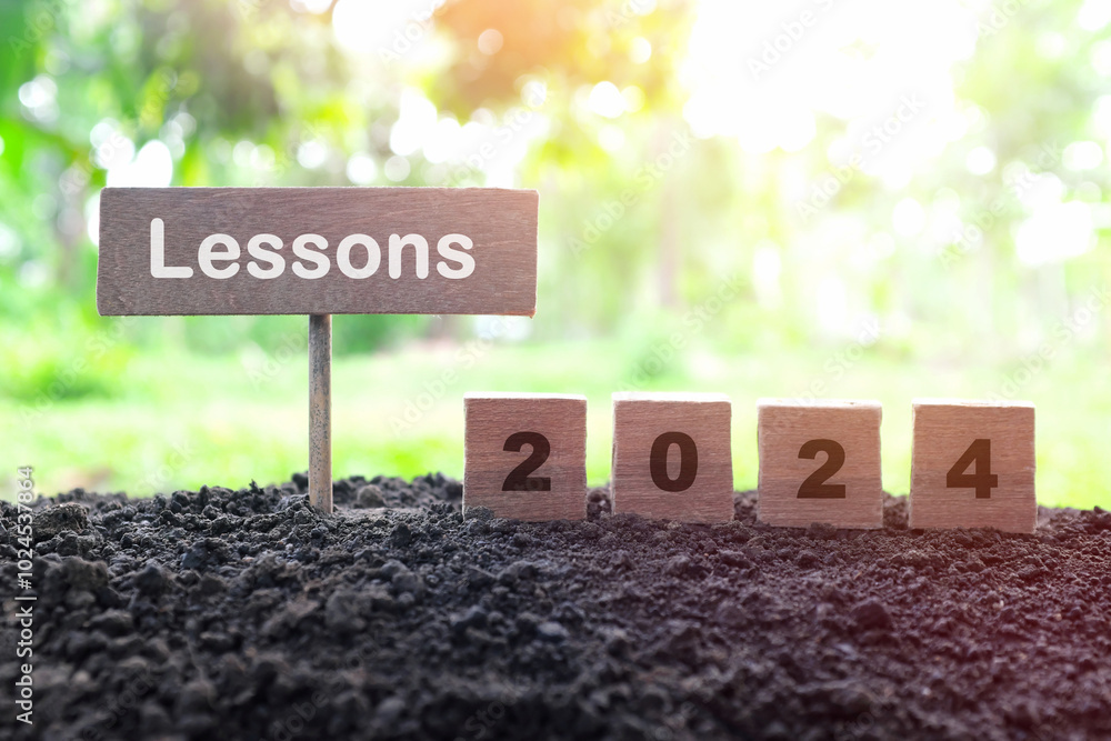 Year 2024 life lessons and learnings concept. Wooden blocks in natural background at sunset.
