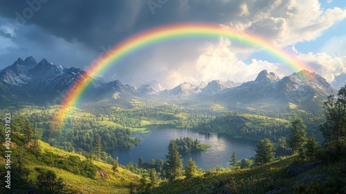 Vibrant rainbow over a scenic forest lake 