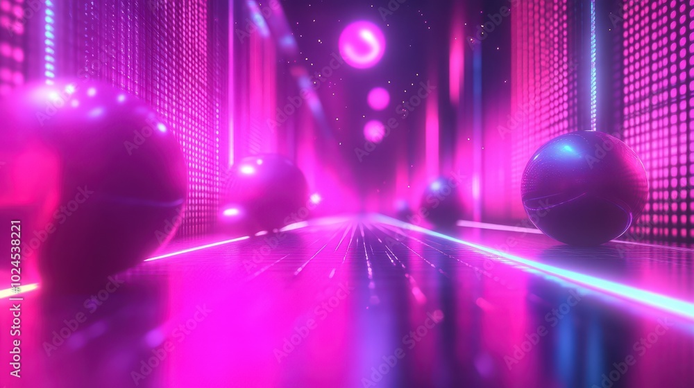 Futuristic Neon Corridor With Glowing Spheres And Vibrant Pink Lighting Creating A Sci-Fi Abstract Atmosphere Futuristic Neon Corridor With Glowing Spheres And Vibrant Pink Lighting Creating A Sci-Fi Abstract Atmosphere
