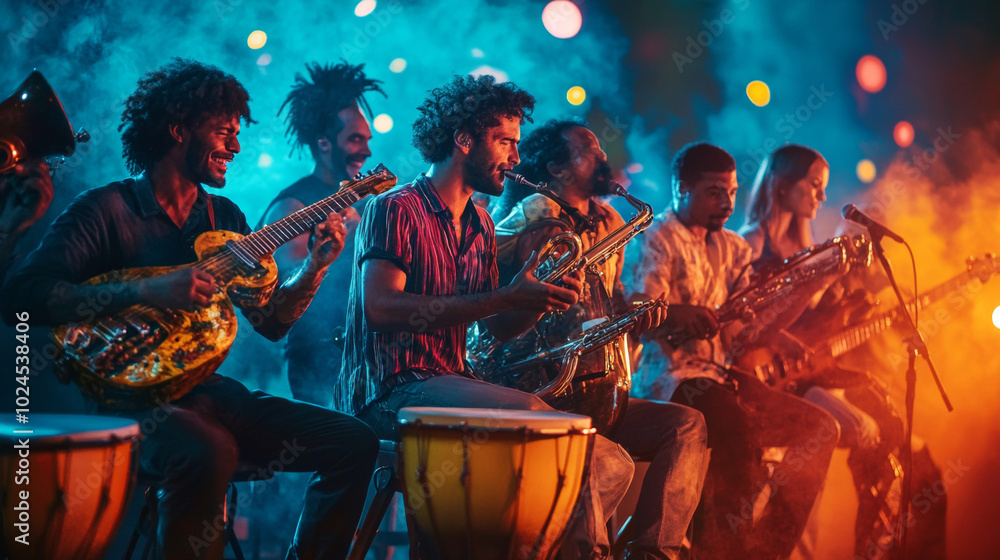 Fototapeta premium Captivating Live Performance: A Vibrant Band Celebrating Music with Diverse Instruments and Lively Energy in a Colorful Atmosphere