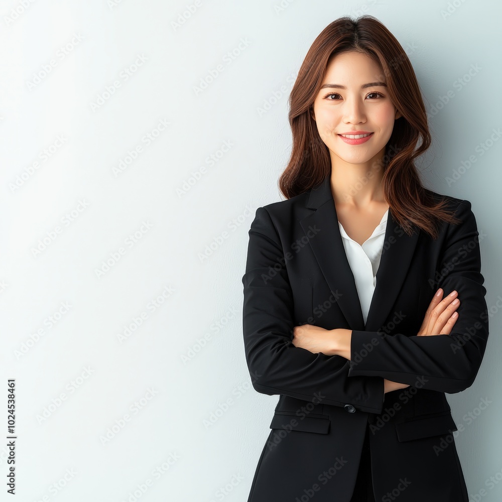 A confident businesswoman poses in a stylish black suit, showcasing professionalism and elegance. Her serious expression conveys leadership and empowerment. A confident businesswoman poses in a stylish black suit, showcasing professionalism and elegance. Her serious expression conveys leadership and empowerment.