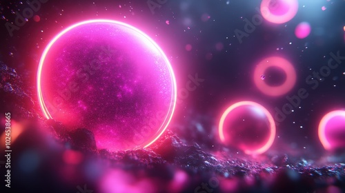 Futuristic Pink Neon Spheres Floating In A Sci-Fi Landscape With Glowing Rings And Atmospheric Effects