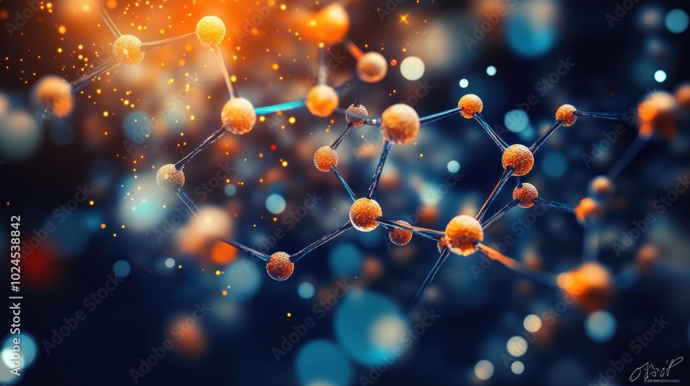 Abstract representation of molecular structures with vibrant colors and glowing elements. Abstract representation of molecular structures with vibrant colors and glowing elements.