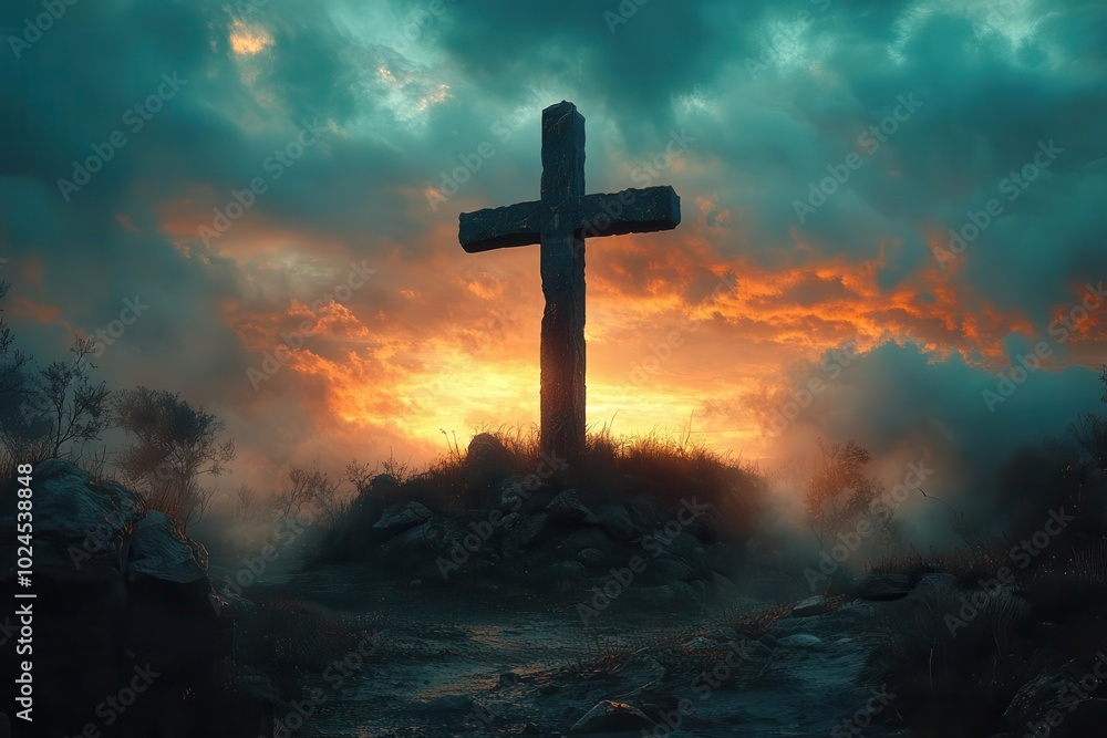 the cross stands prominently on a hill symbolizing the solemnity of holy week against a dramatic sky evoking reflection and reverence during this sacred time the cross stands prominently on a hill symbolizing the solemnity of holy week against a dramatic sky evoking reflection and reverence during this sacred time