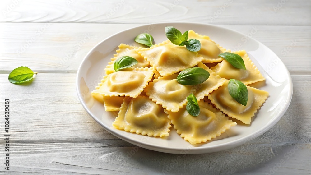 Medium shot of raw ravioli on white plate with basil leaves on light background Medium shot of raw ravioli on white plate with basil leaves on light background