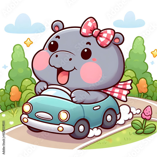 Cute Hippo Driving a Car Illustration