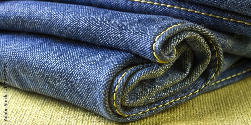 Rolled denim fabric with detailed stitching. Rolled denim fabric with detailed stitching.