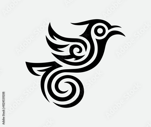 Stylized tribal bird design, black and white illustration