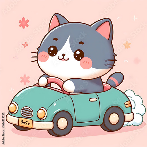 Cute Cartoon Cat Driving a Colorful Car