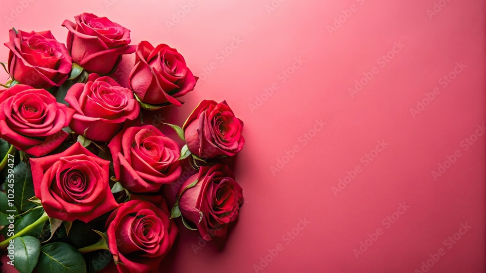 Medium shot of red roses and ornaments on a pink background Medium shot of red roses and ornaments on a pink background