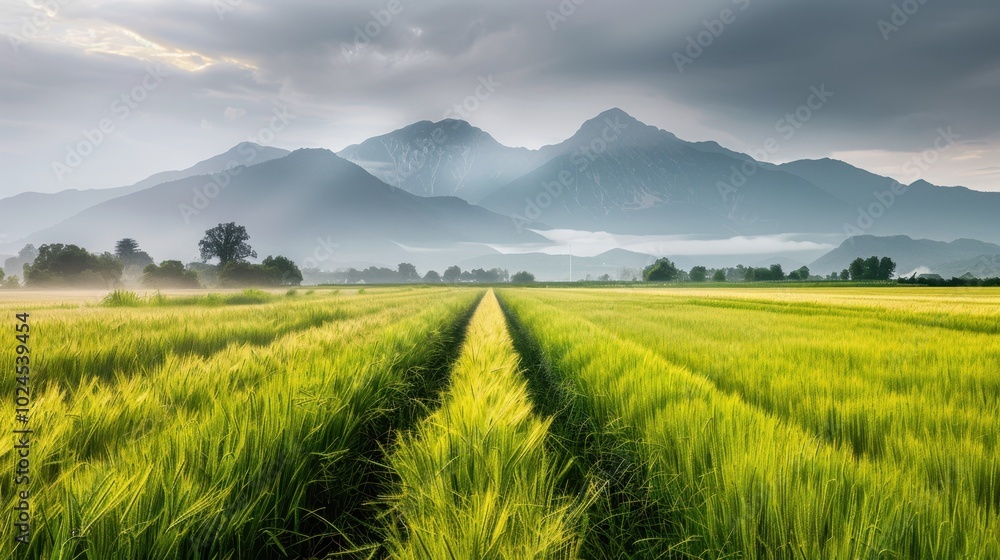 Fototapeta premium Serene Green Landscape with Mountains and Mist