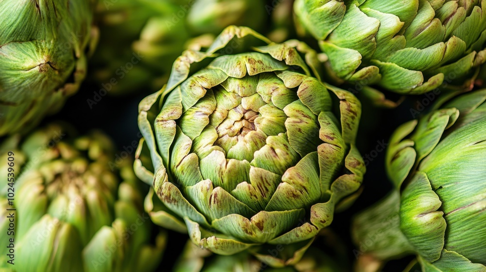 Obraz premium A close-up of fresh artichokes, whole and halved, arranged aesthetically to highlight their unique shapes and hues.