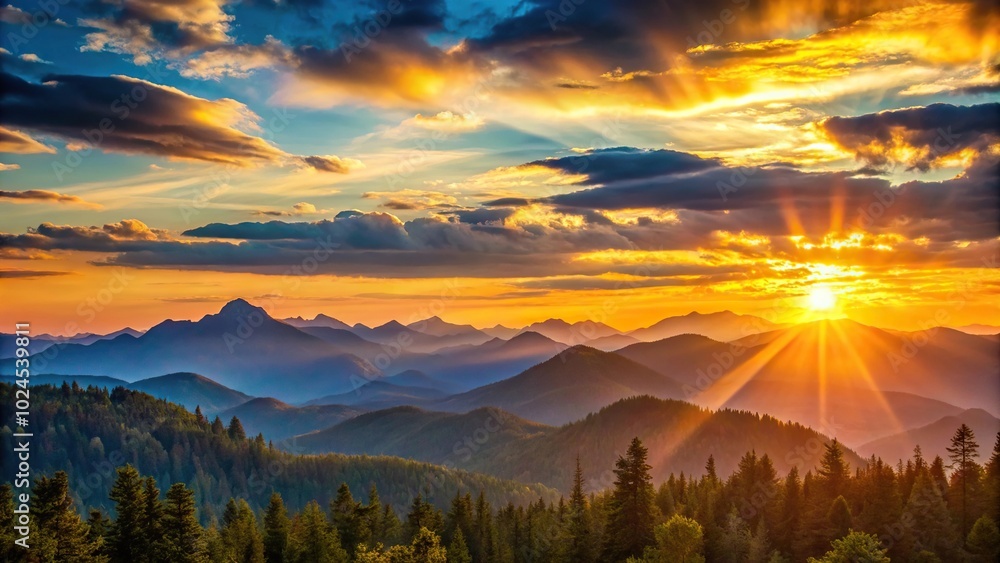 Fototapeta premium Medium shot of serene sunset scenery among mountains