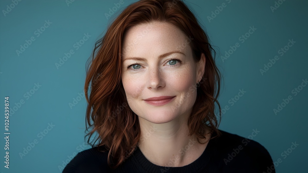 Portrait of a Smiling Caucasian Woman Exuding Warmth Positivity and Sincerity Against a Soft Monochromatic Blue Background Portrait of a Smiling Caucasian Woman Exuding Warmth Positivity and Sincerity Against a Soft Monochromatic Blue Background