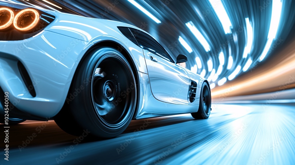 High-speed view of a sleek white sports car in motion, captured in a dynamic tunnel with glowing lights, emphasizing speed and modern design. High-speed view of a sleek white sports car in motion, captured in a dynamic tunnel with glowing lights, emphasizing speed and modern design.