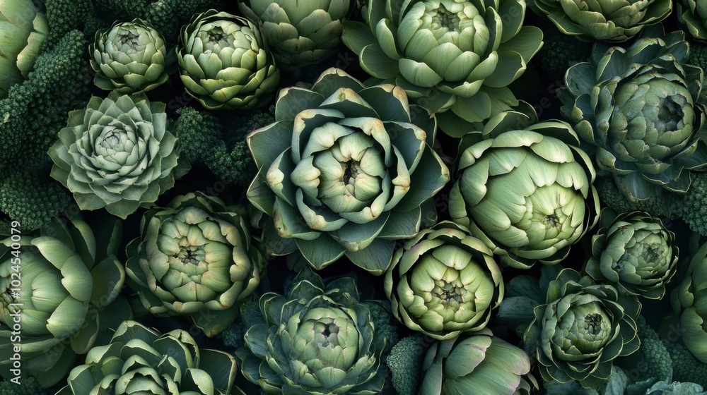 A collection of fresh artichokes, both whole and halved, beautifully arranged to showcase their unique textures and colors. A collection of fresh artichokes, both whole and halved, beautifully arranged to showcase their unique textures and colors.