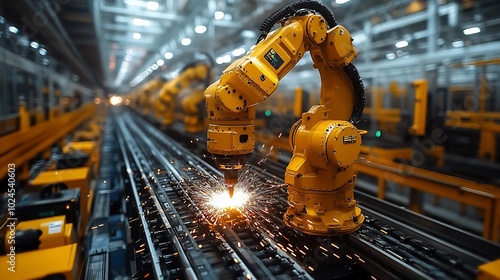 Industrial robots welding on an assembly line in a factory.