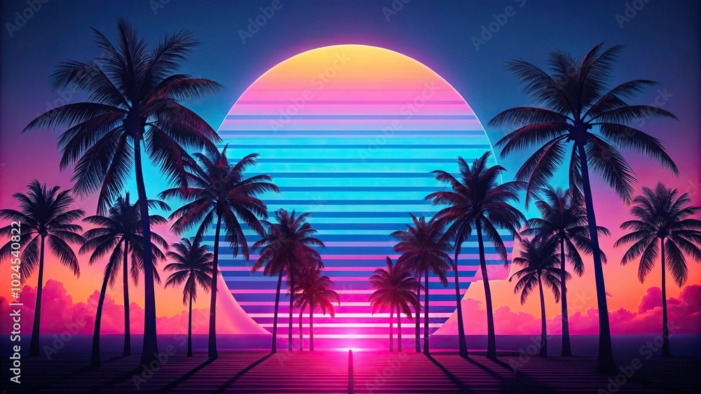 Fototapeta premium Medium shot of synthwave retro blue and pink palms with sunset background wallpaper