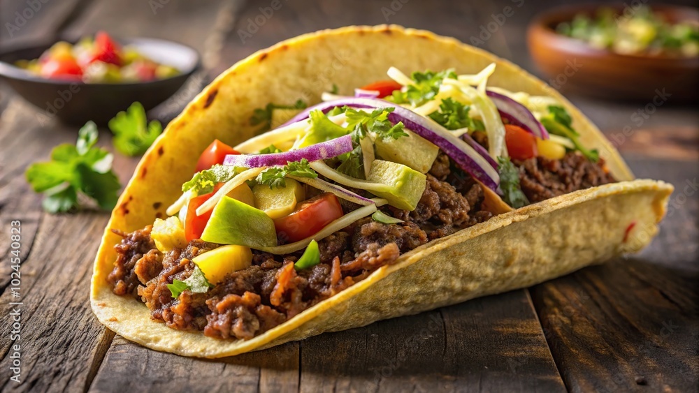 Medium shot of taco with ground beef, avocado, cabbage, and cheese served on a plate Medium shot of taco with ground beef, avocado, cabbage, and cheese served on a plate
