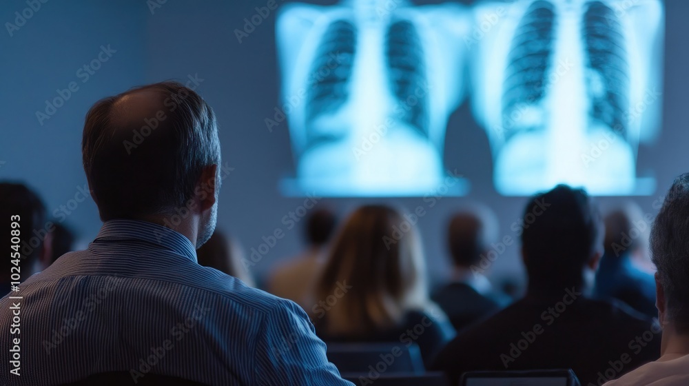 People attending a medical seminar, with X-ray images projected on the screen, focused on learning and healthcare. illustration People attending a medical seminar, with X-ray images projected on the screen, focused on learning and healthcare. illustration