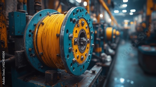 Close-up of a spool of yellow wire in a factory setting.