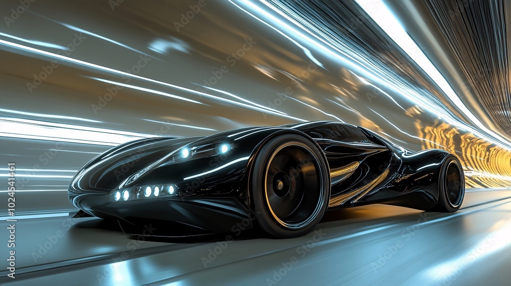 Sleek black sports car in motion with light streaks, showcasing speed and modern design against a blurred background. Sleek black sports car in motion with light streaks, showcasing speed and modern design against a blurred background.