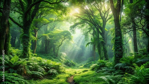 Medium shot of verdant forests