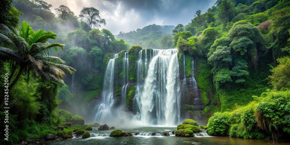 Fototapeta premium Medium shot of waterfall cascading over rainforest foliage with droplets in mid air under overcast sky