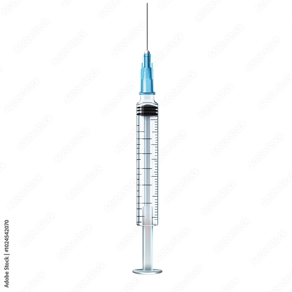 A sterile syringe with a clear barrel and blue plunger, ideal for medical illustrations and health-related content. on transparent cutout, PNG file A sterile syringe with a clear barrel and blue plunger, ideal for medical illustrations and health-related content. on transparent cutout, PNG file