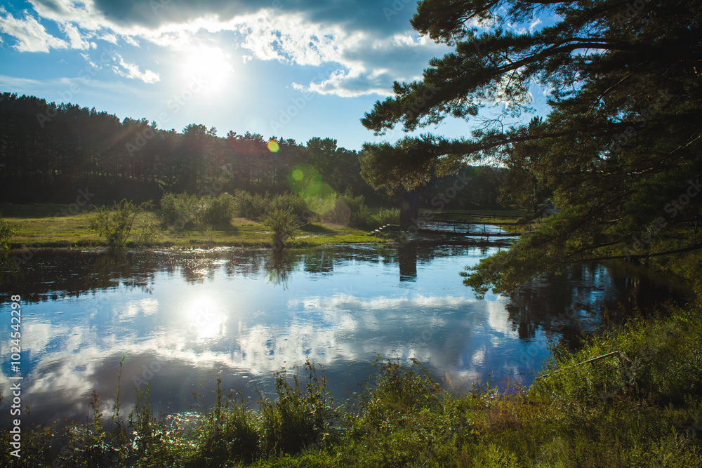 Fototapeta premium a serene lakeside landscape during what seems to be either early morning or late afternoon