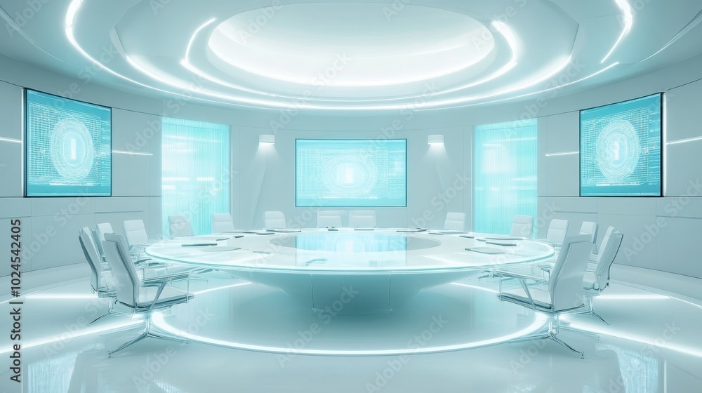 A modern, high-tech meeting room featuring a round glass table and screens for video conferencing, sleek and minimal A modern, high-tech meeting room featuring a round glass table and screens for video conferencing, sleek and minimal