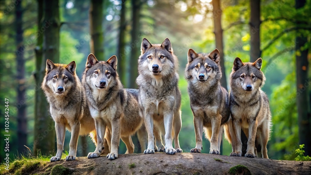Fototapeta Medium shot of wolf pack in front of forest with highly detailed wolves and nature background wallpaper for widescreen and superwide