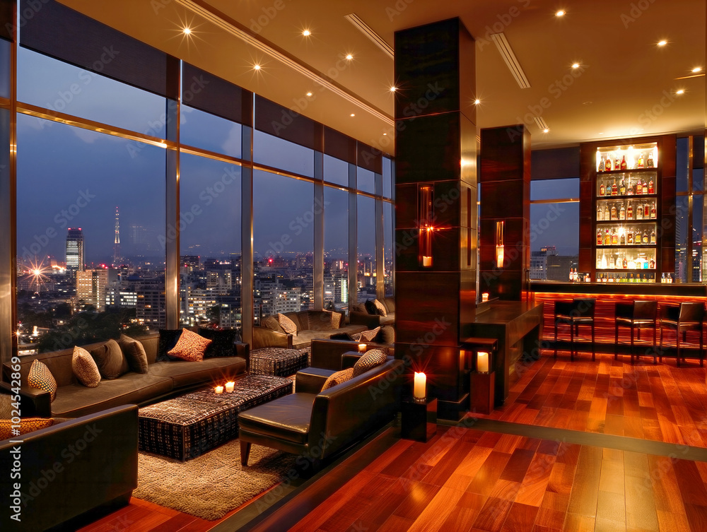 A large room with a view of the city. The room is filled with couches and chairs, and there is a bar with many bottles. Scene is relaxed and comfortable