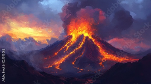 A powerful volcanic eruption, showcasing fiery lava flowing down the slopes, illuminated against the backdrop of a dusky sky.