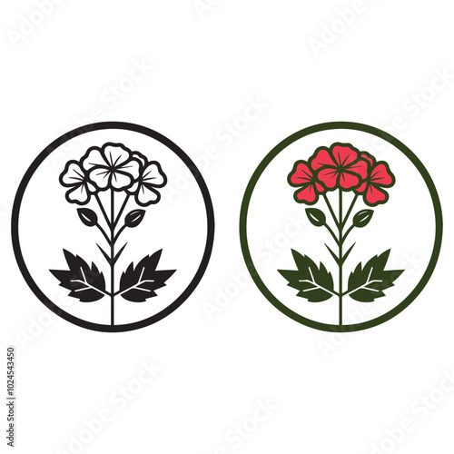 Geranium flower logo outline isolated on white background. Flower shop icon