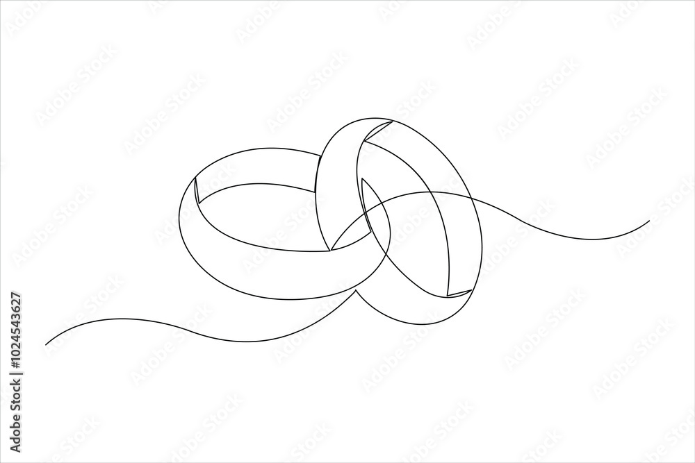 Obraz premium Continuous one line art drawing of pair of wedding rings in outline vector illustration