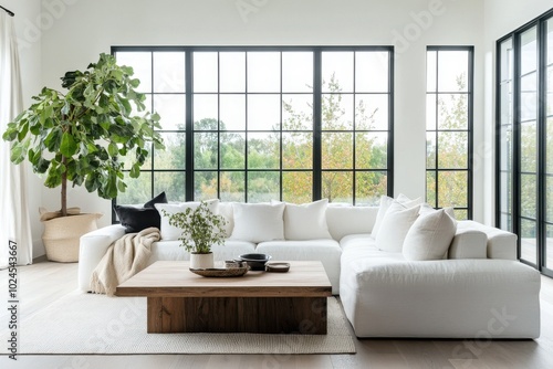 A bright and modern living room featuring a large white sofa and a wooden coffee table