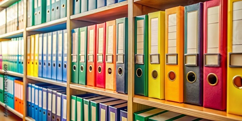 Candid photography highlights organized ring binders in a modern archive, emphasizing their aesthetic appeal and orderly arrangement in a sleek, efficient environment.