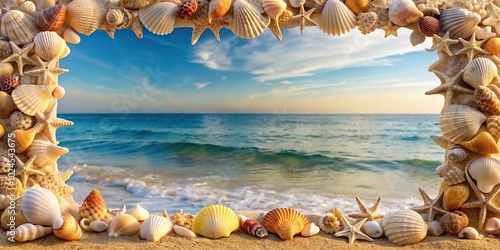 Medium shot seashell frame with ocean water background