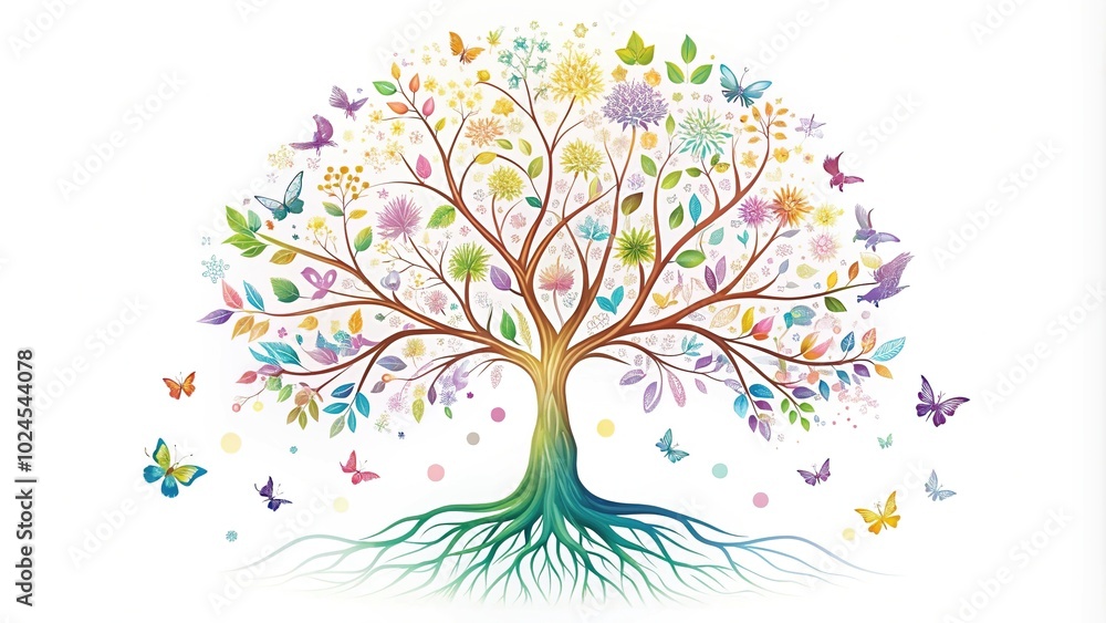 Medium Shot Tree of Life with roots, doves, butterflies in pastel colors on white background Medium Shot Tree of Life with roots, doves, butterflies in pastel colors on white background