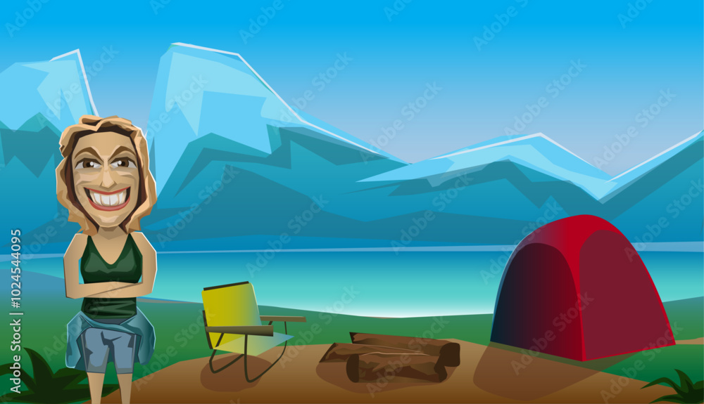 Fototapeta premium a woman standing in the lake and mountain on background. summer tent illustration