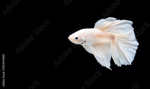 A beautiful white Betta fish with a vibrant Half Moon tail known as Betta splendens swimming in water against a black background , Generative AI