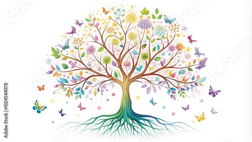 Medium Shot Tree of Life with roots, doves, butterflies in pastel colors on white background