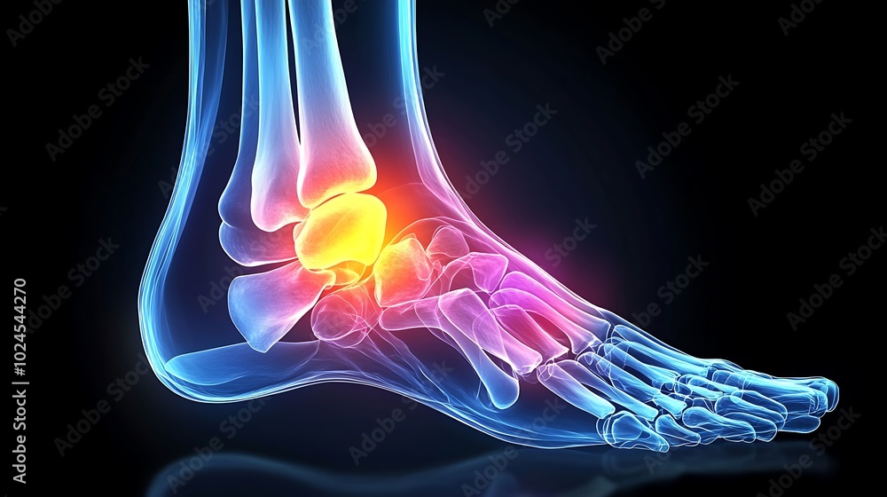 X-ray of ankle joint, pain region highlighted with vibrant yellow glow, realistic bone structure, clear contours and transparency, glowing yellow overlay effect on pain region, X-ray of ankle joint, pain region highlighted with vibrant yellow glow, realistic bone structure, clear contours and transparency, glowing yellow overlay effect on pain region,