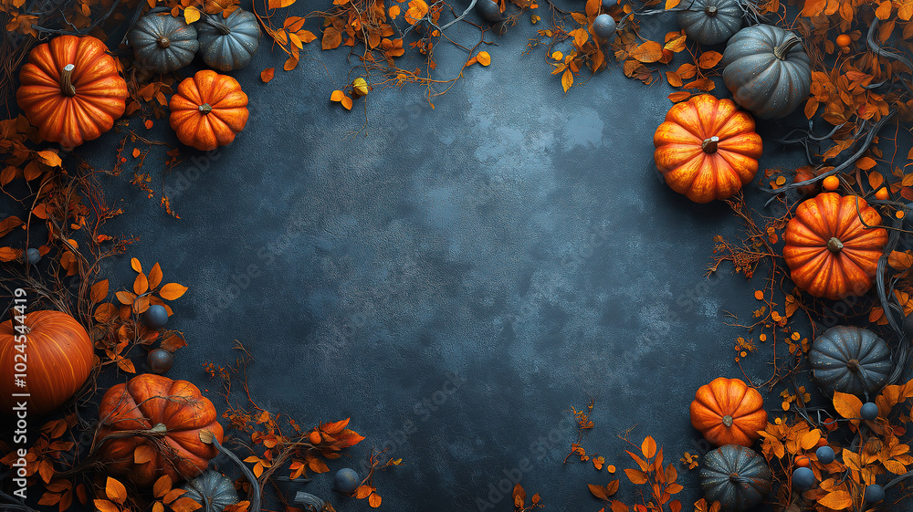 Pumpkins and Autumn Decorations Framing a Dark Stone Background with Ample Copy Space Pumpkins and Autumn Decorations Framing a Dark Stone Background with Ample Copy Space