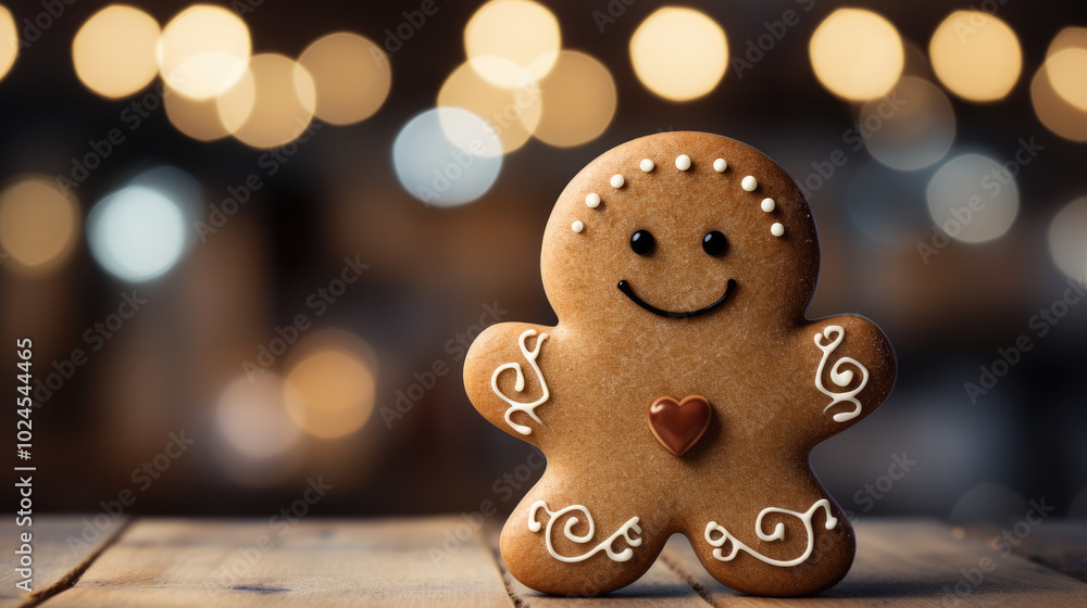 custom made wallpaper toronto digitalgenerated illustration of a Christmas gingerbread man on wooden table with bokeh lights background