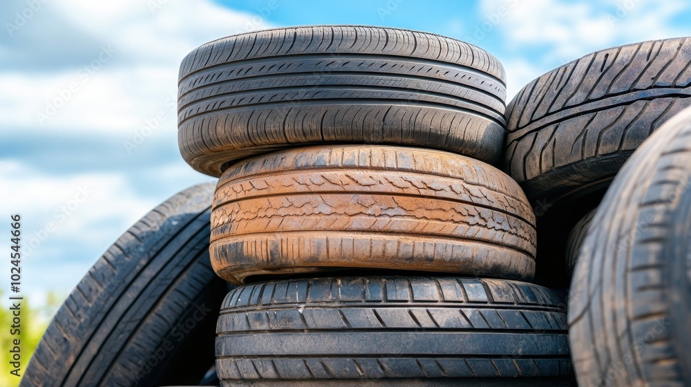 A tall stack of old, weathered car tires piled together, showing wear and tear from years of use. A tall stack of old, weathered car tires piled together, showing wear and tear from years of use.